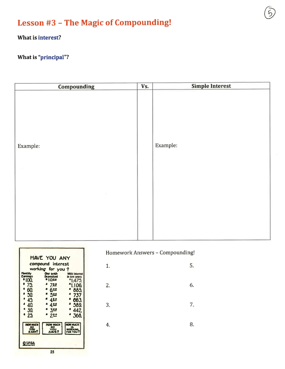 Lesson 3 notes ask students to define interest and principal, compare interest types, and record homework answers.