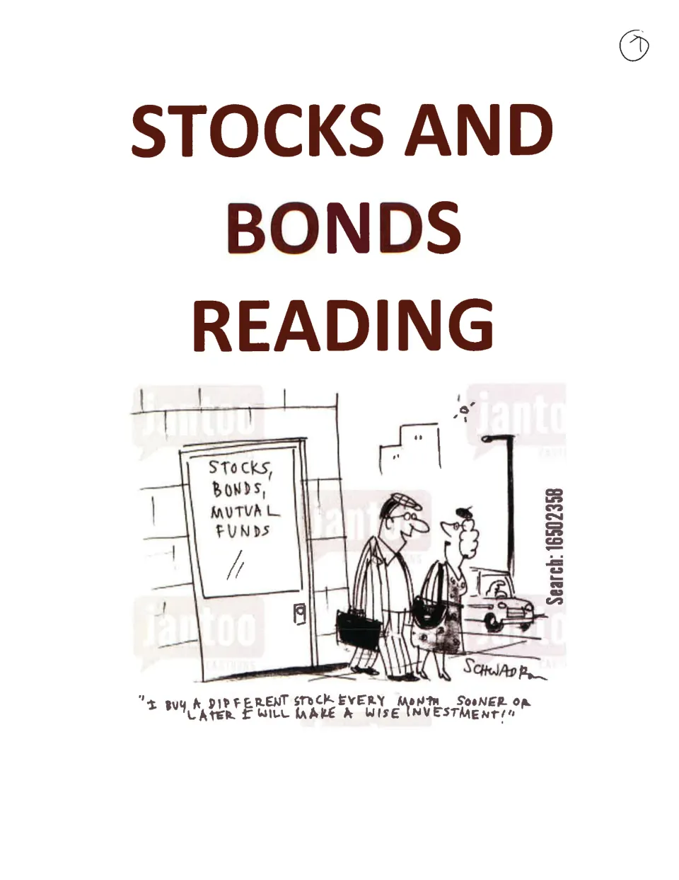 Section cover introduces the stocks and bonds reading, with a cartoon about buying a different stock each month.