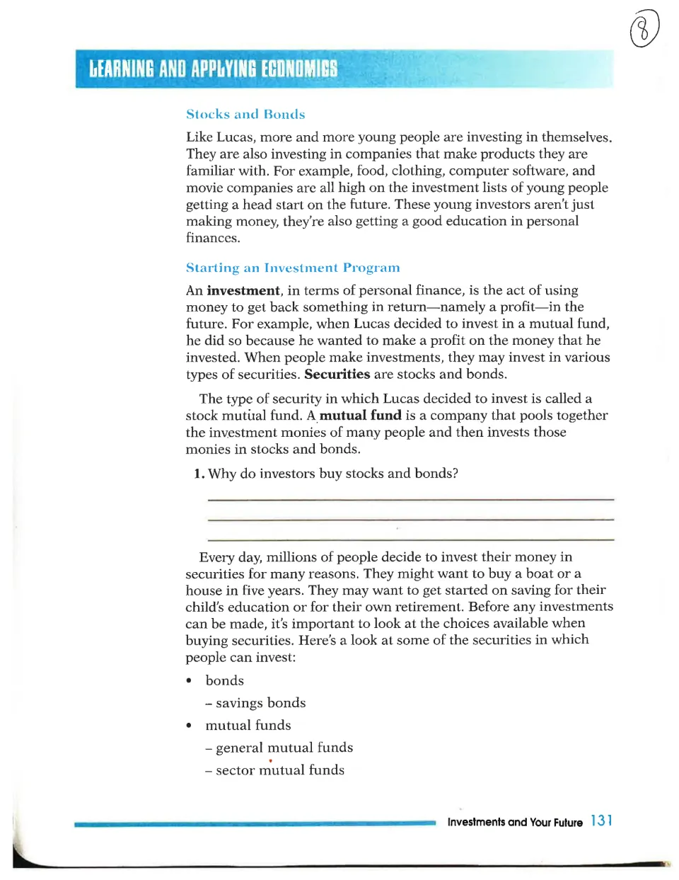 Stocks and bonds reading defines investment, securities, and mutual funds, then asks why investors buy securities.