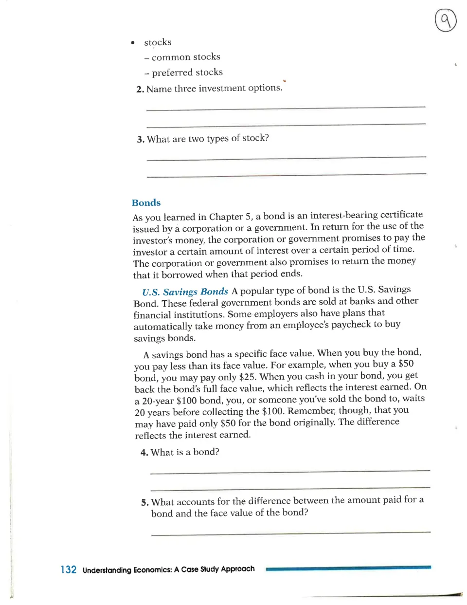 Reading continuation names common and preferred stocks, explains bonds, and asks questions 2–5 about investments.