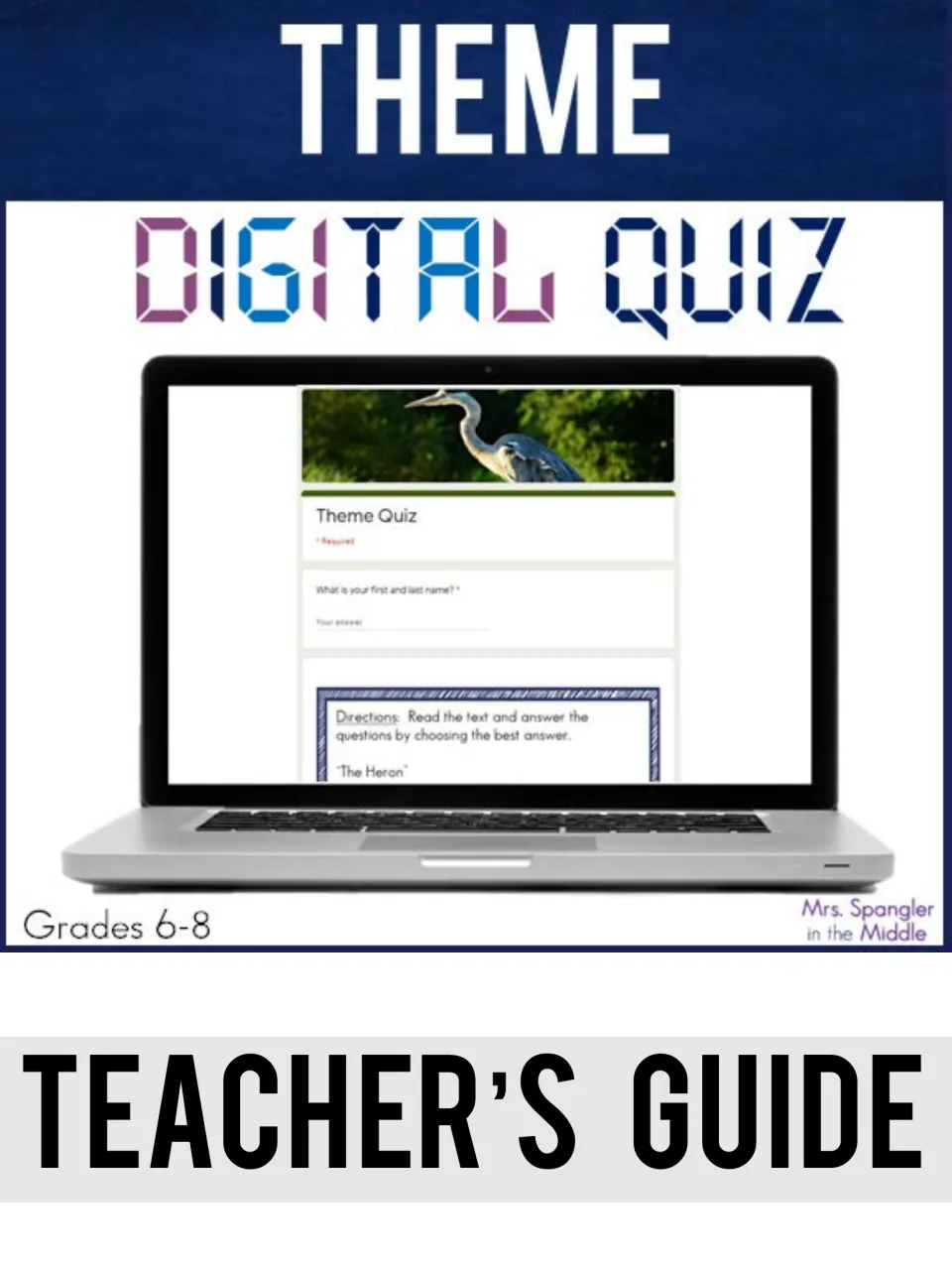 Theme Digital Quiz teacher's guide cover showing a Google Form theme quiz about a heron on a laptop screen