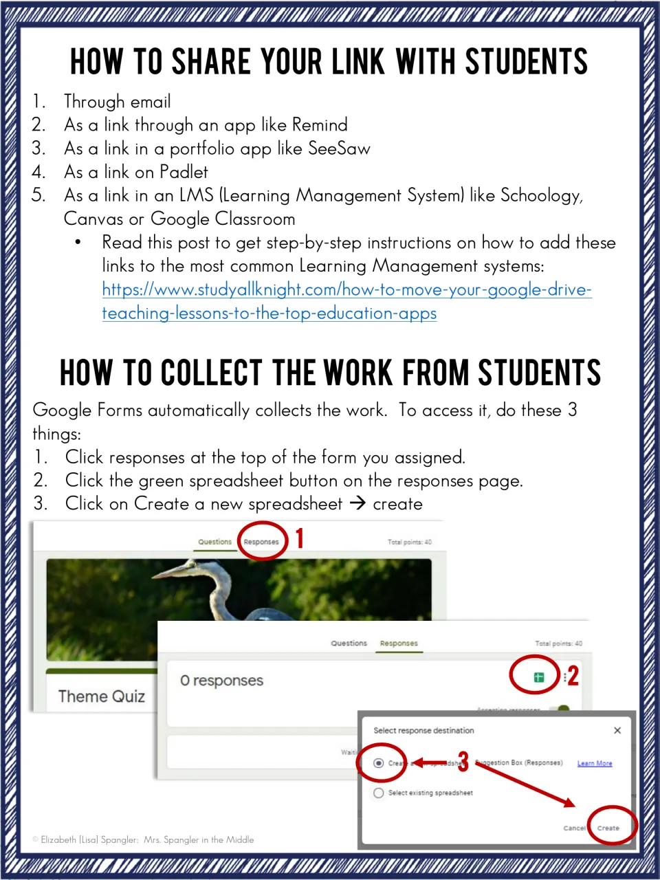 How to share the quiz link via email, Remind, SeeSaw, Padlet or an LMS, and collect responses in a Google spreadsheet