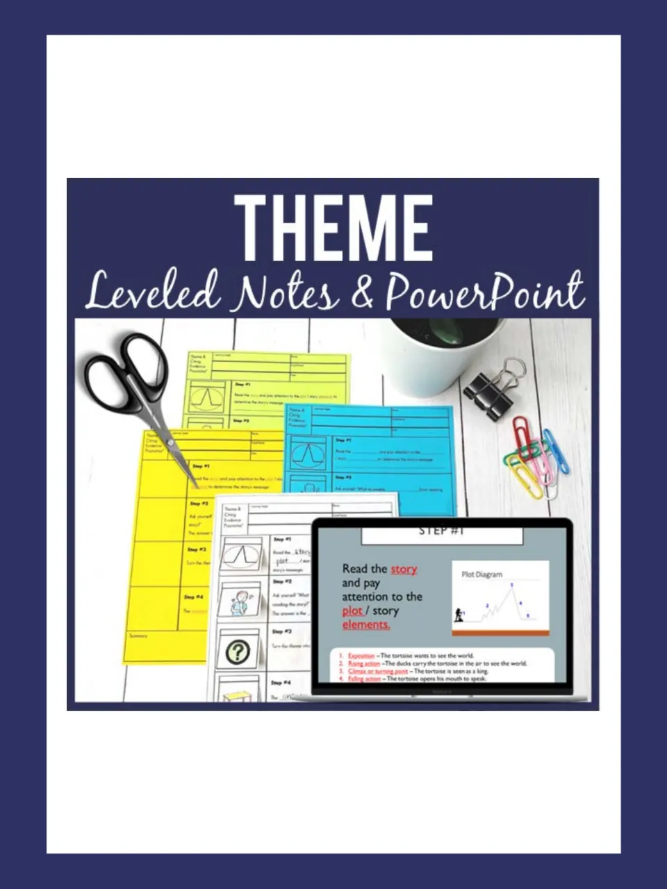 Cover of the theme lesson featuring leveled interactive notes, picture flaps, and a PowerPoint slide