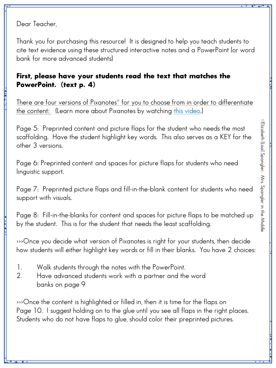 Teacher directions explain four note versions, PowerPoint guidance, word bank use, and picture flap assembly