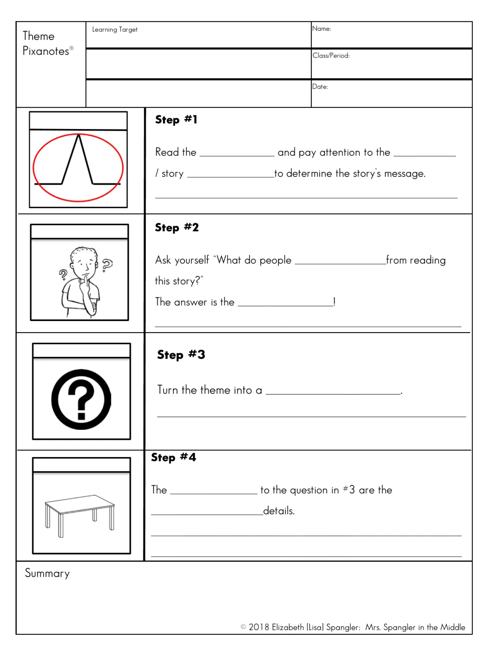 Theme notes with picture prompts and blanks for four steps: read, identify the lesson, question, and support