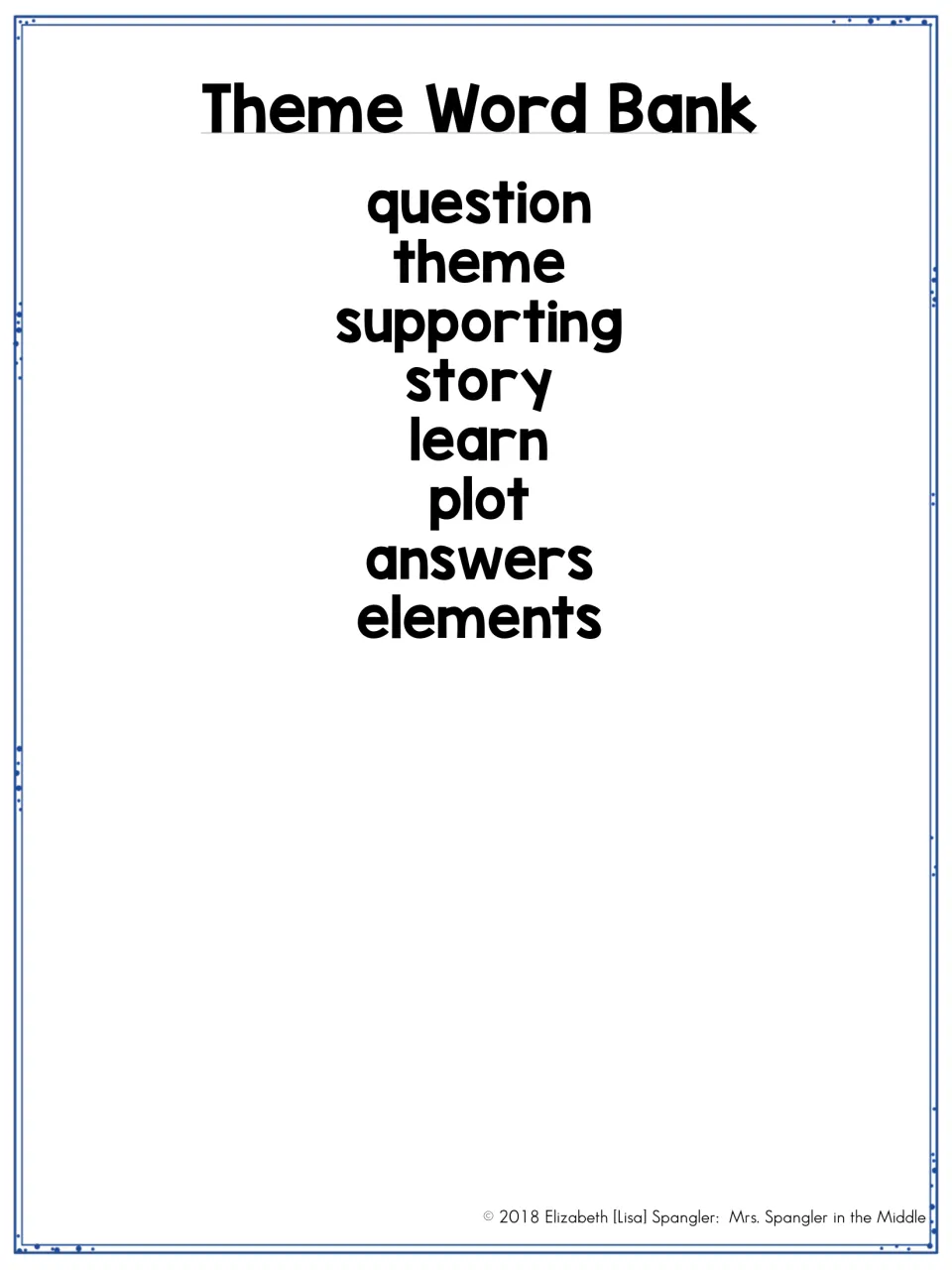 Theme notes word bank lists question, theme, supporting, story, learn, plot, answers, and elements