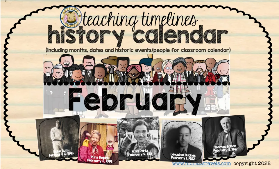 February history calendar cover featuring Babe Ruth, Pura Belpré, Rosa Parks, Langston Hughes, and Thomas Edison