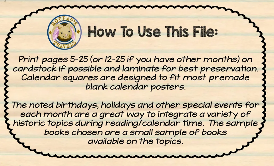 History calendar instructions explain printing, laminating, and using historical dates during reading or calendar time