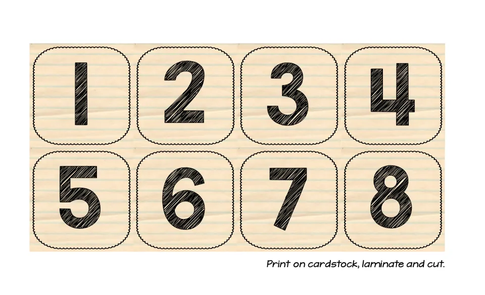 Calendar number cards 1–8 for the history bulletin board, with directions to print on cardstock, laminate, and cut