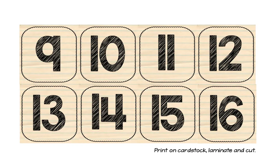 Calendar number cards 9–16 for the history bulletin board, with directions to print on cardstock, laminate, and cut