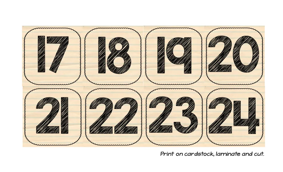 Calendar number cards 17–24 for the history bulletin board, with directions to print on cardstock, laminate, and cut