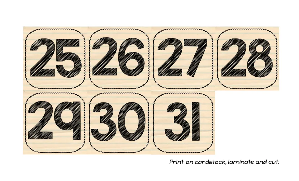 Calendar number cards 25–31 for the history bulletin board, with directions to print on cardstock, laminate, and cut