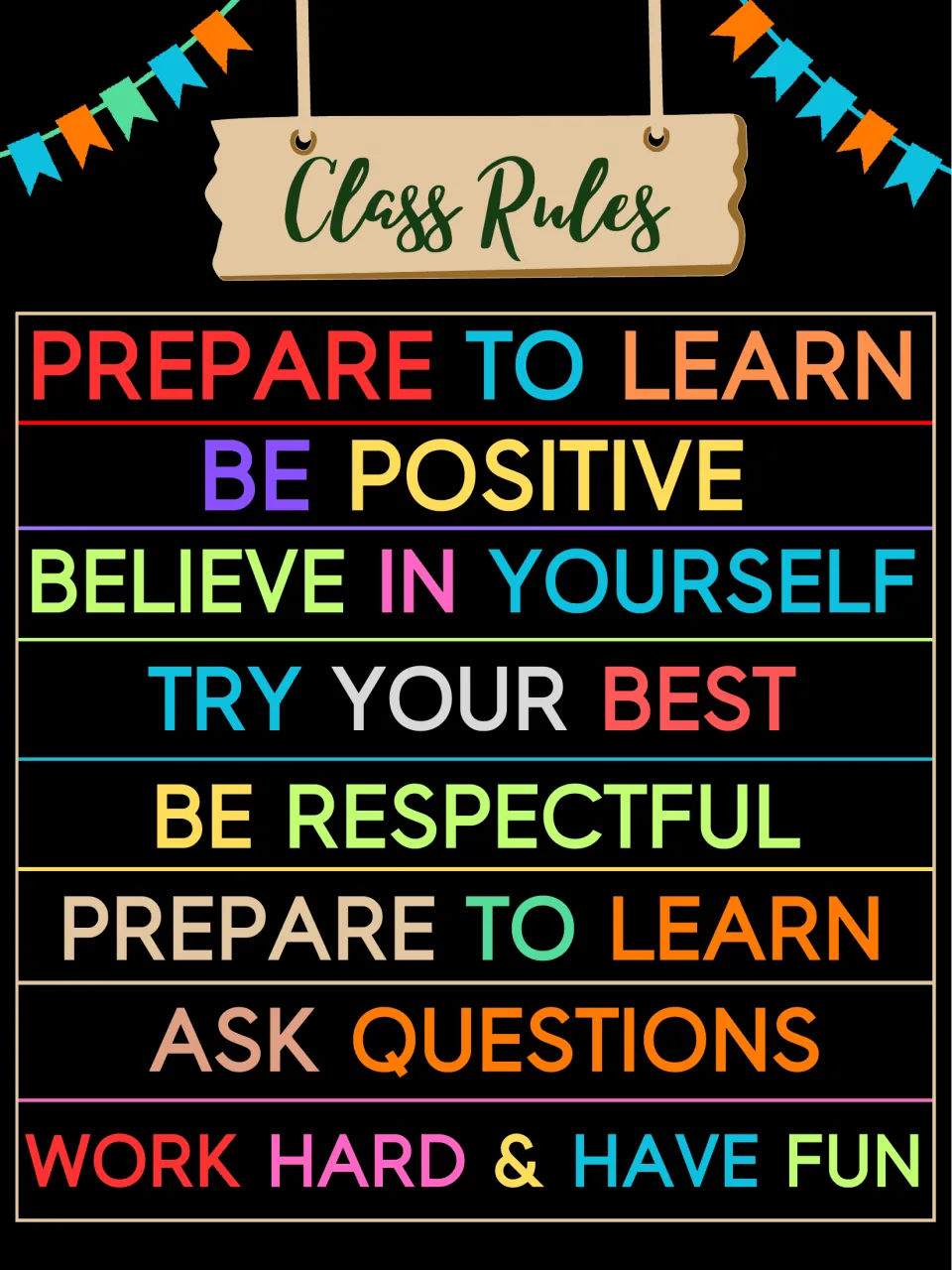 Class Rules poster: be positive, believe in yourself, try your best, be respectful, ask questions, work hard and have fun