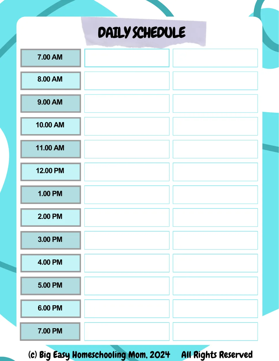 Daily schedule planner: hourly time slots from 7.00 AM to 7.00 PM, each with two spaces to write lessons or activities