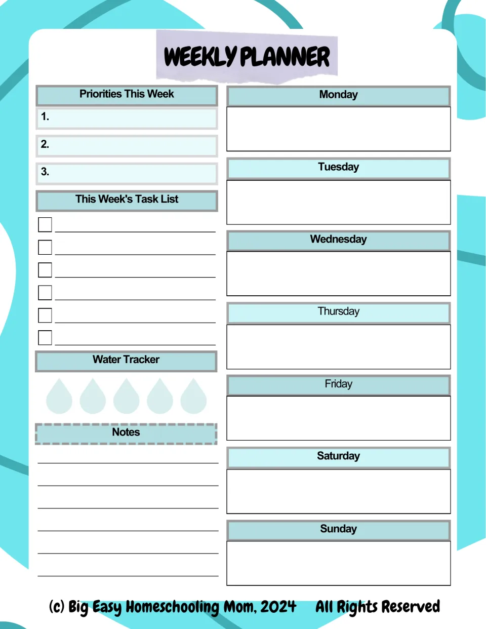 Weekly planner: top 3 priorities, a checklist task list, a water tracker, notes and a writing space for Monday to Sunday