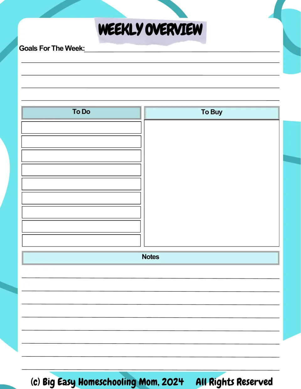 Weekly overview: space to write goals for the week, a To Do list, a To Buy list for supplies, and a notes section