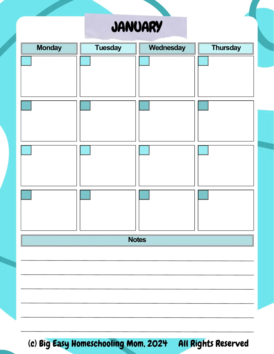 January calendar, part one: Monday to Thursday for four weeks with a small date square in each day and a notes area