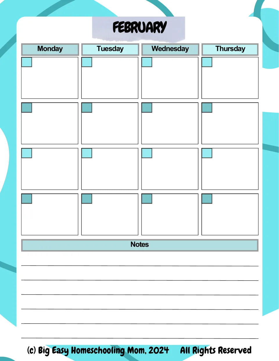 February calendar, part one: Monday through Thursday across four weeks, each day with a date square, plus a notes area