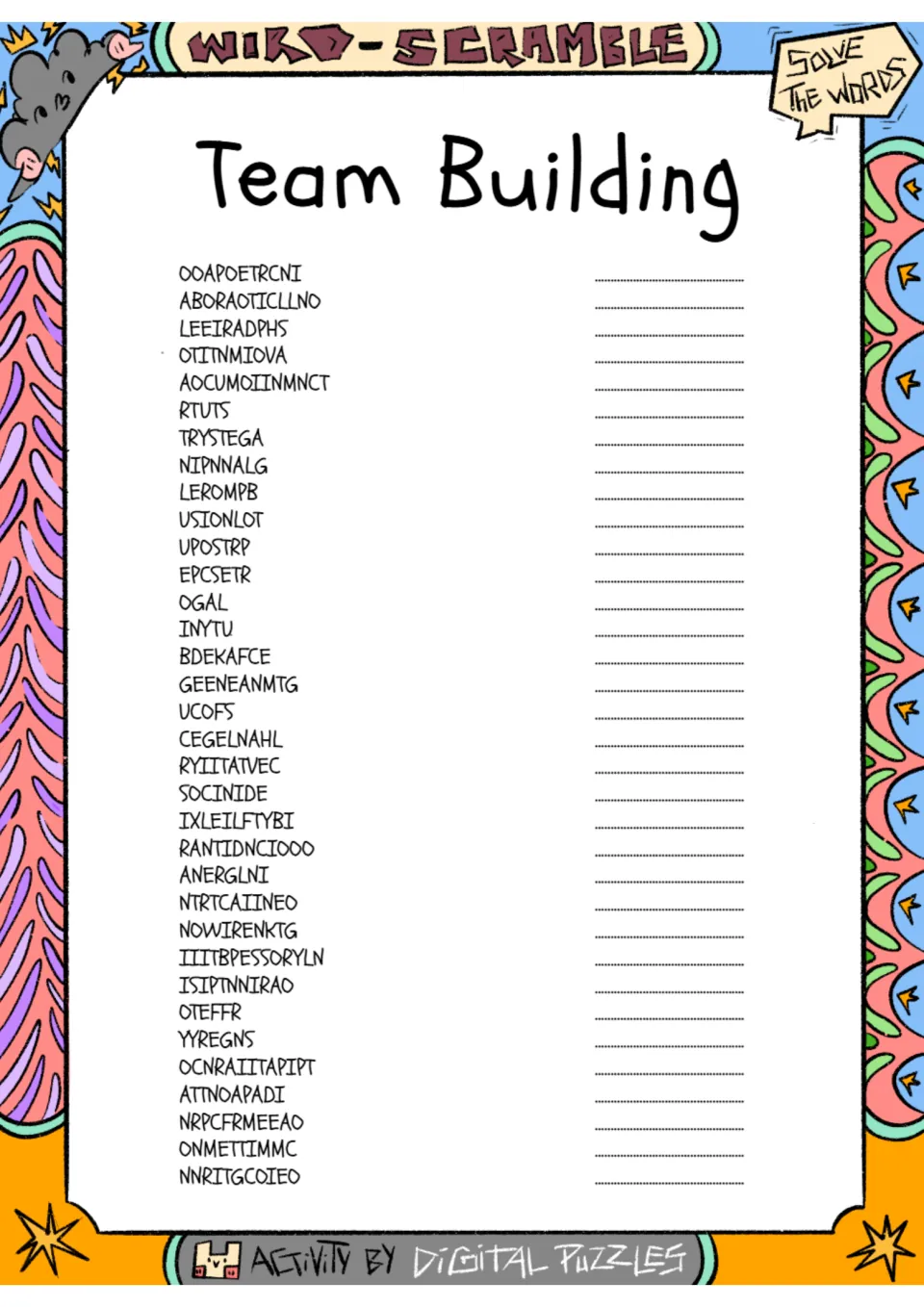 Team building word scramble: students unscramble 34 words such as RTUTS and OGAL and write each answer on its line