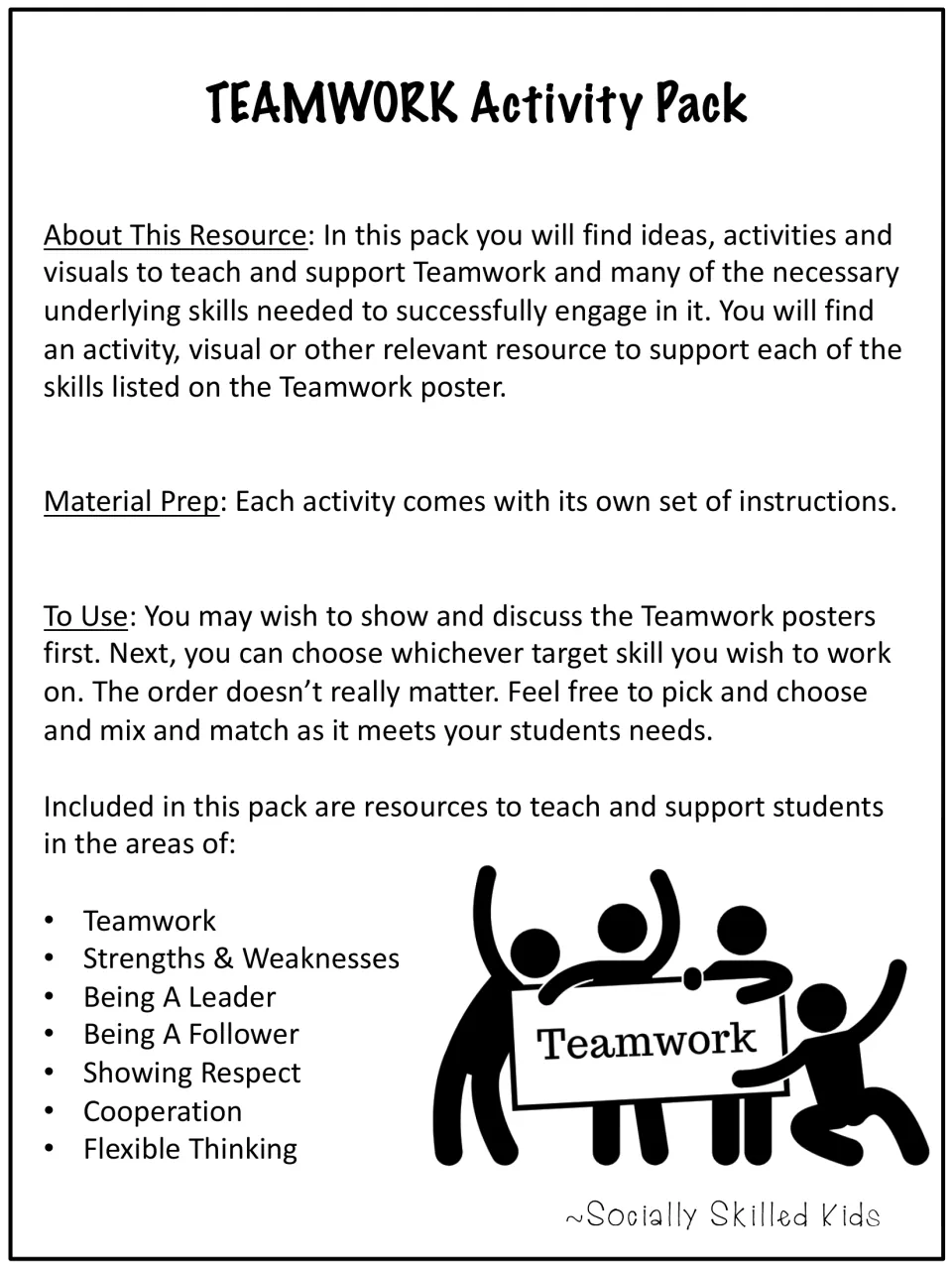 Teamwork Activity Pack overview listing its skills: strengths, leader, follower, respect, cooperation, flexible thinking