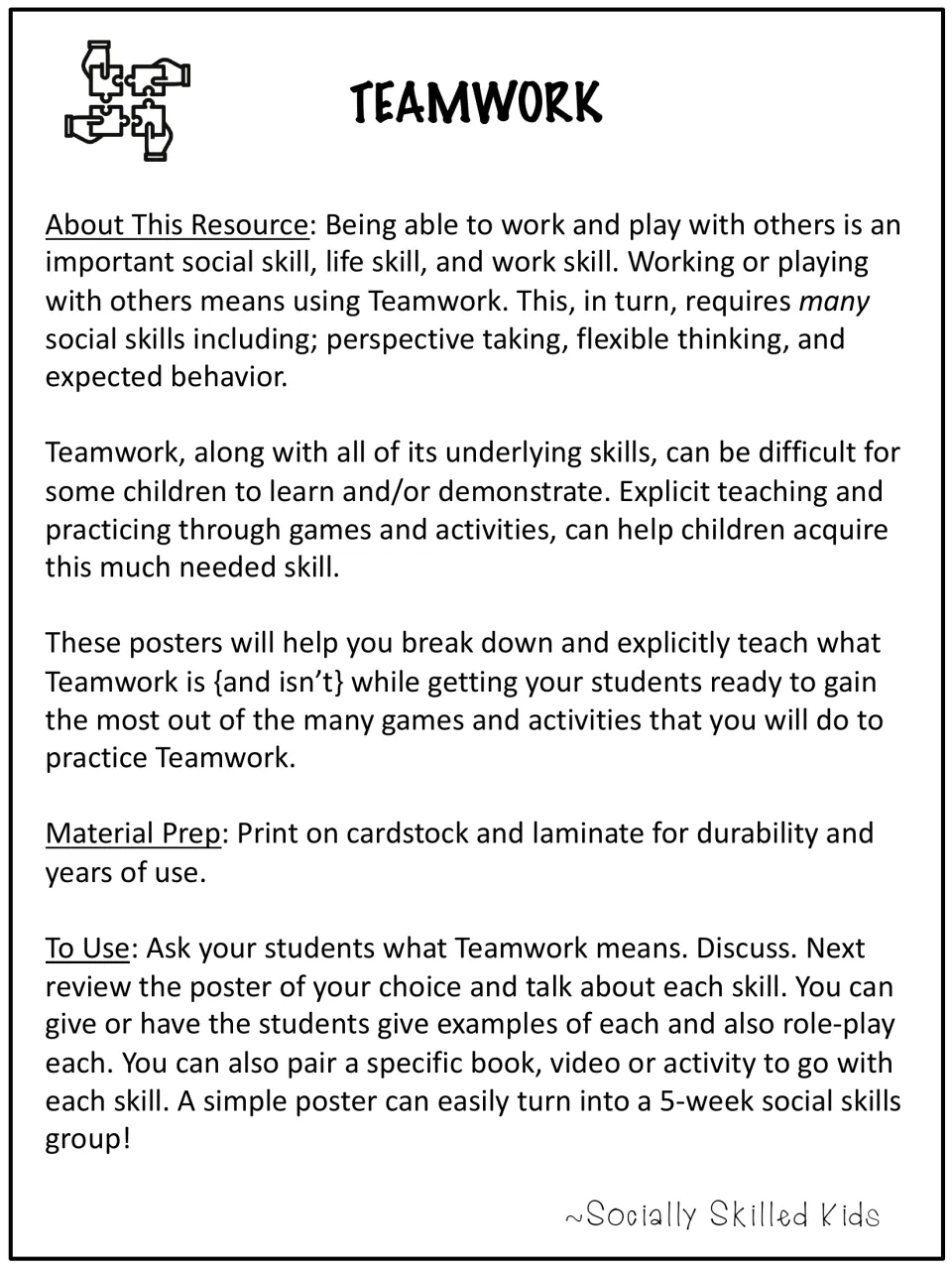 Teamwork teacher notes: why working with others matters, cardstock prep, and how to discuss and role-play each skill