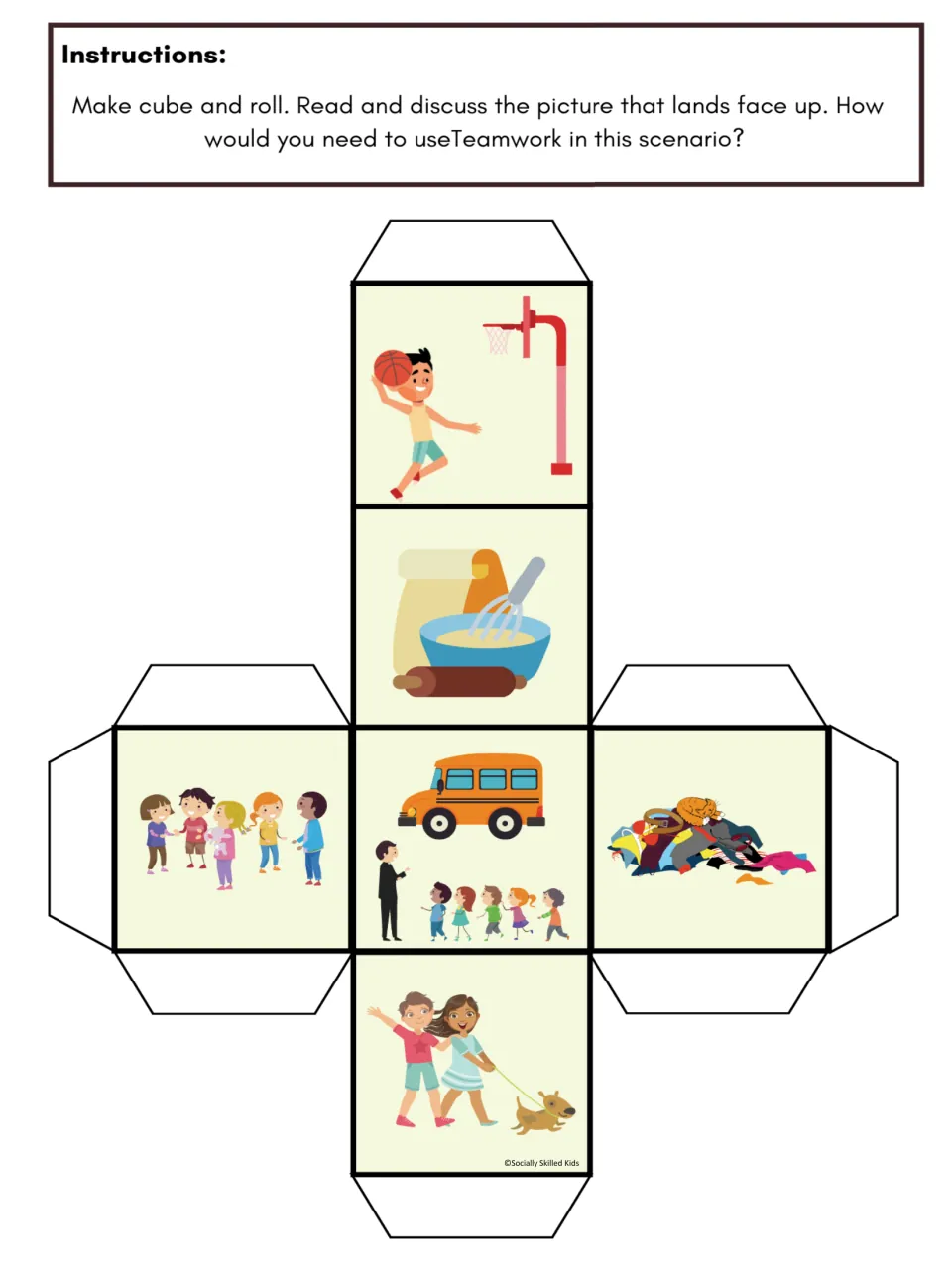 Teamwork cube template: students roll it and discuss teamwork in scenes like basketball, baking, bus line and dog walking
