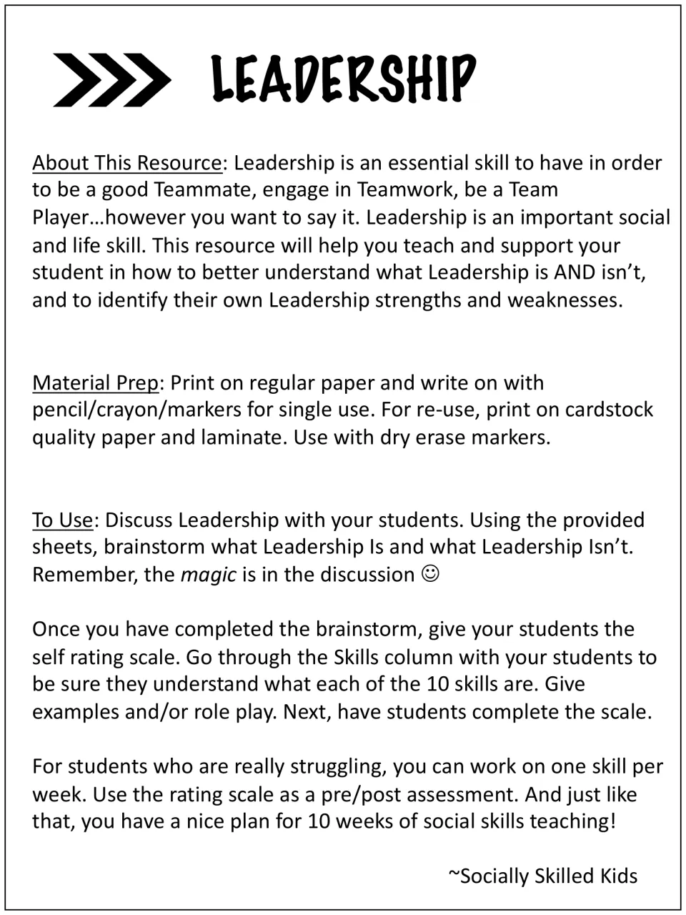 Leadership teacher notes: brainstorm what leadership is and isn't, then students rate themselves on 10 skills on a scale