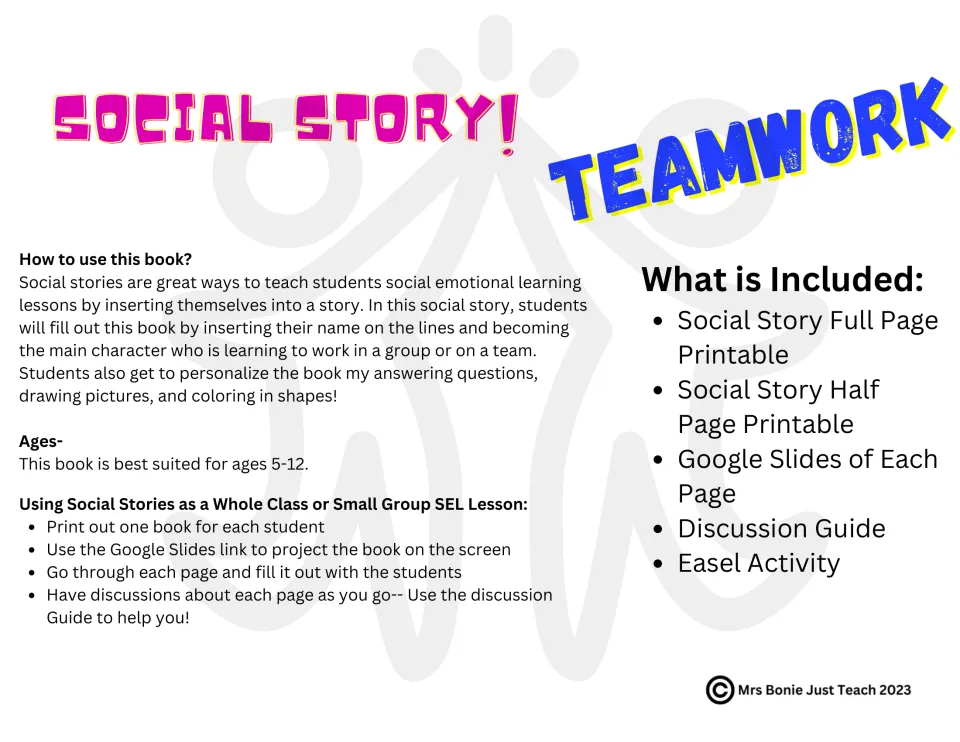 Teamwork social story overview: how to use the book, ages 5-12, and the list of included printables and slides