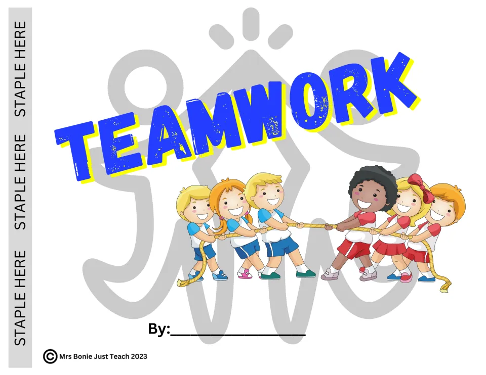 Cover of the Teamwork social story book: children pulling a tug-of-war rope above a line to write the student's name