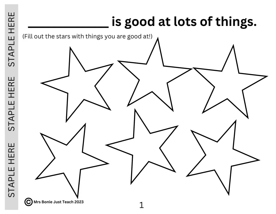 Book page 1: students write their name and fill six stars with things they are good at
