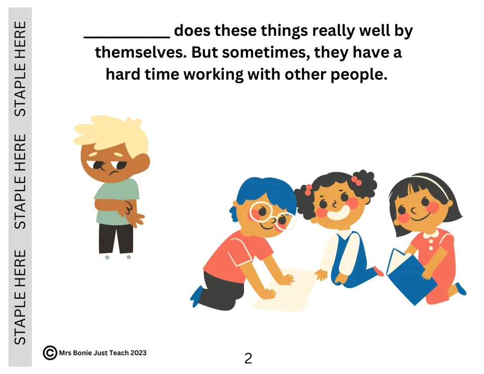 Book page 2: story text says the character does things well alone but has a hard time working with others