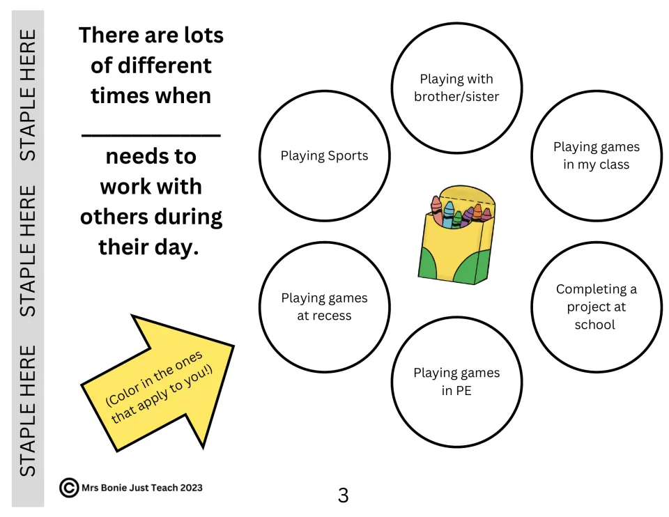 Book page 3: students color the circles for times they work with others, such as recess, PE, sports or class projects