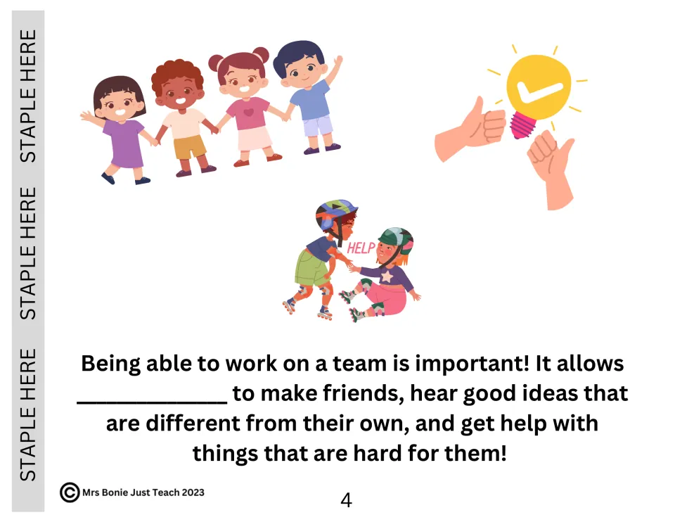 Book page 4: story text on why teamwork matters, with children holding hands, a lightbulb idea and a helping skater
