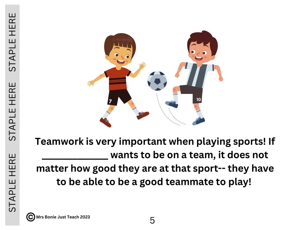 Book page 5: story text on teamwork in sports, with two children playing soccer and a name blank to fill in