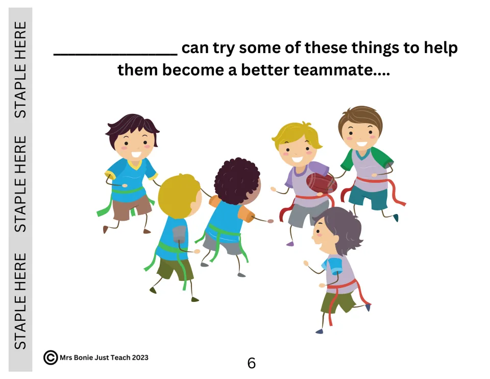 Book page 6: story text introducing ways to become a better teammate, with children playing flag football