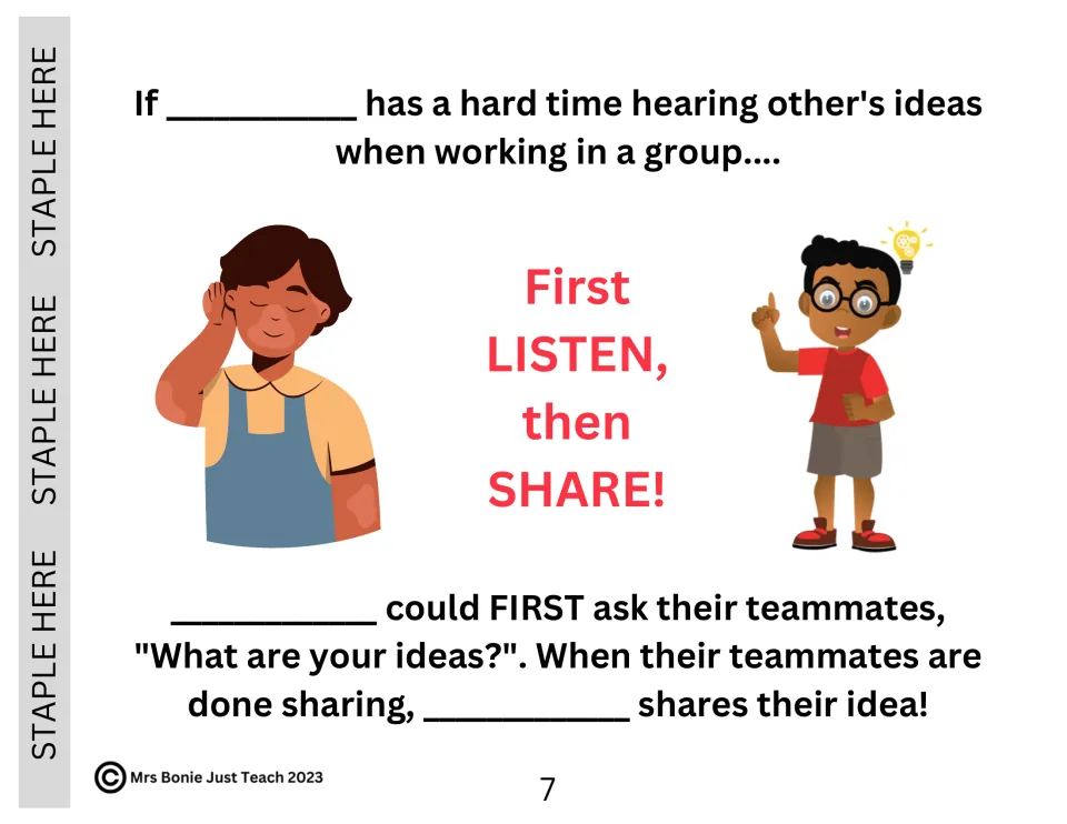 Book page 7: listening skill for group work; students fill in their name in the 'First LISTEN, then SHARE!' story