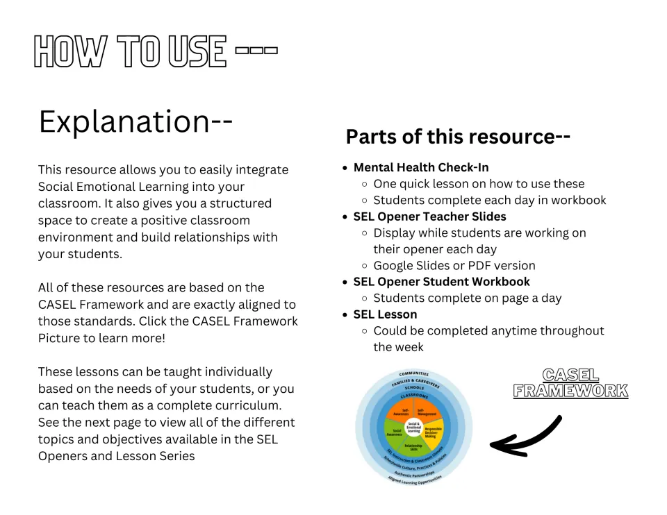 Teacher guide explaining the mental health check-in, opener slides, student workbook, and SEL lesson.