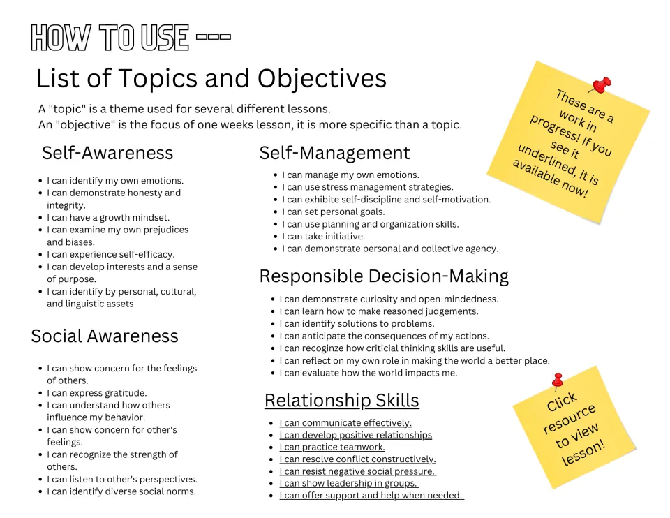 Series topic guide listing SEL objectives, including "I can practice teamwork" under relationship skills.