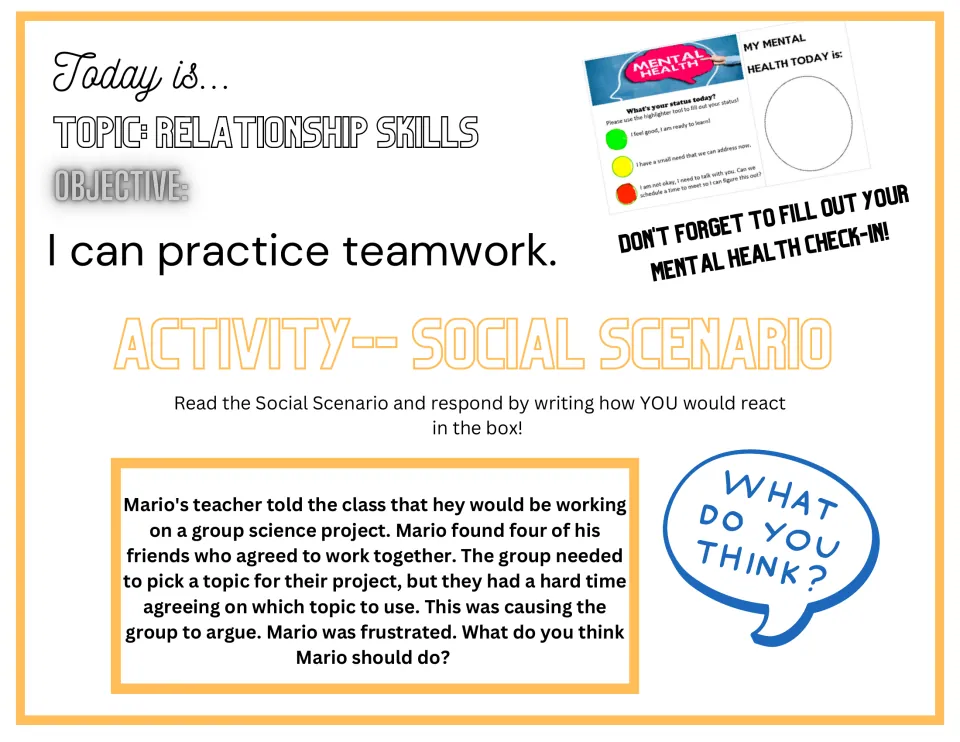 Teamwork scenario opener asking what Mario should do when his science group argues over a project topic.