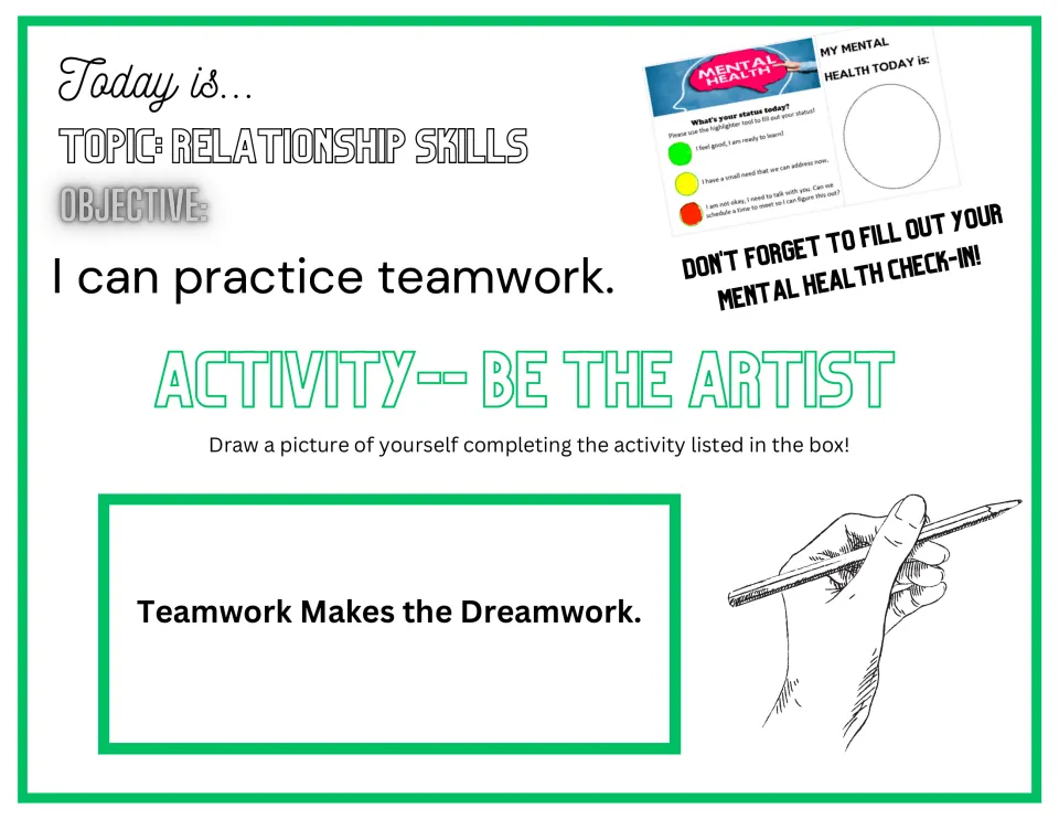 Teamwork drawing opener asking students to draw themselves demonstrating "Teamwork Makes the Dreamwork."