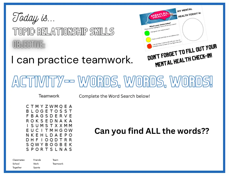 Teamwork word search opener featuring classmates, school, together, friends, work, sports, team, and teamwork.
