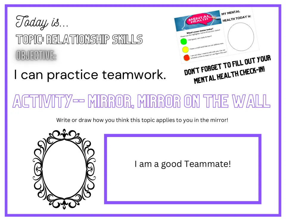 Teamwork reflection opener asking students to write or draw how "I am a good Teammate!" applies to them.