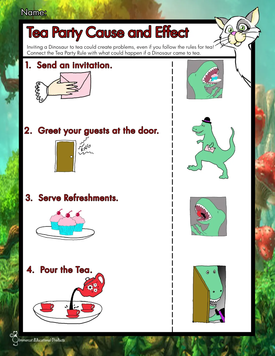 Color cause-and-effect activity matching four tea party rules to pictures of a dinosaur guest's actions