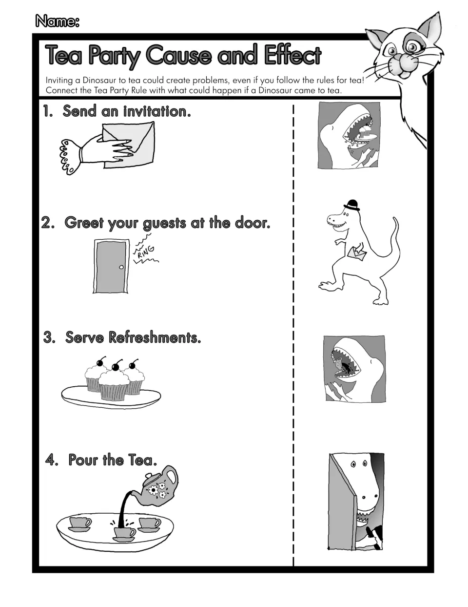 Black-and-white cause-and-effect activity matching four tea party rules to dinosaur guest illustrations