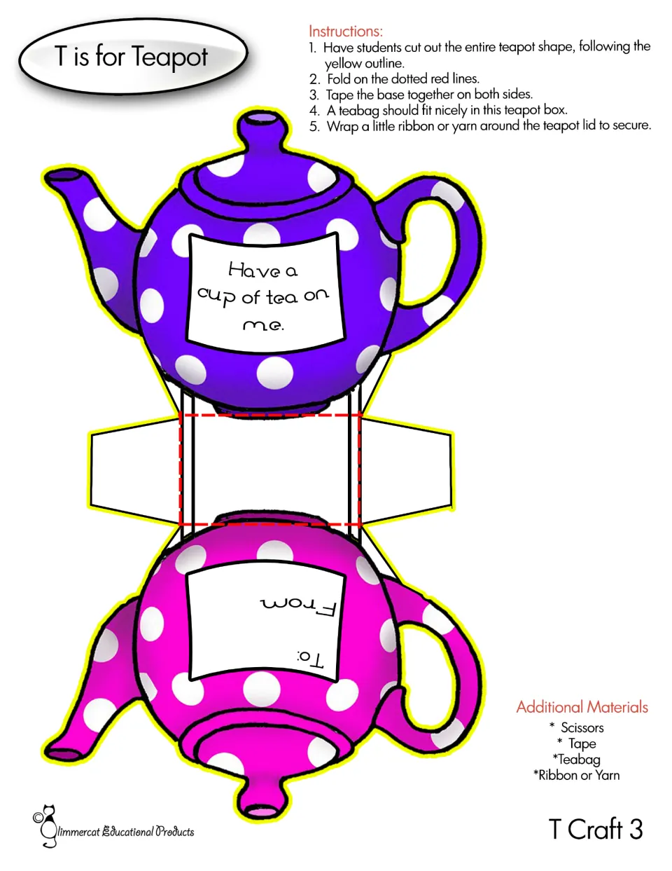 Color teapot craft template with 'Have a cup of tea on me' and instructions to cut, fold, and tape