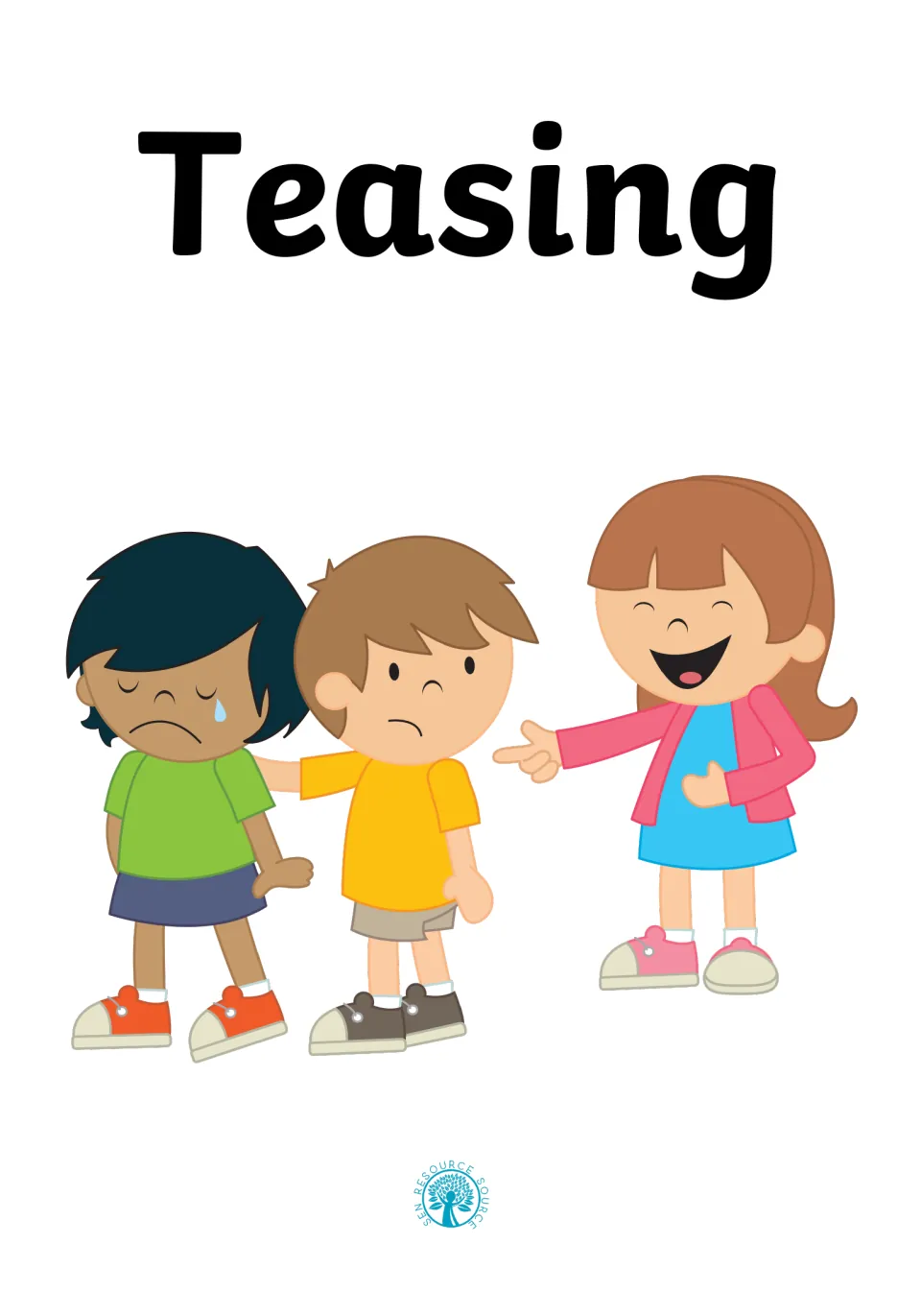 Teasing social story cover: a girl laughs and points at a crying child while a boy puts an arm around her