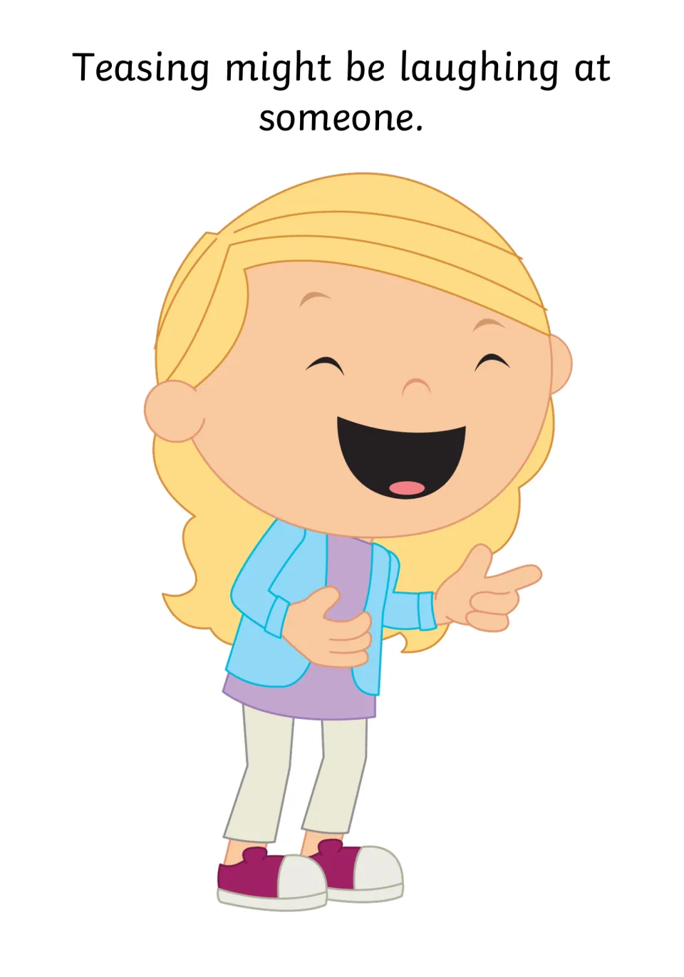 Laughing at others: a girl laughs, holds her stomach and points, showing that teasing can be laughing at someone