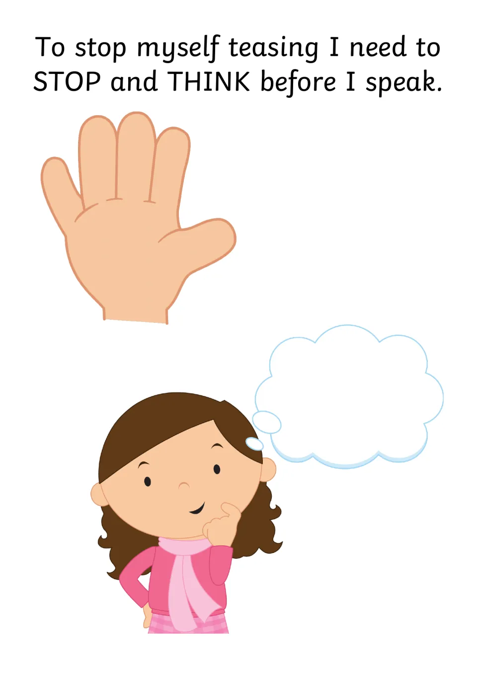 Stop and think before speaking: a raised hand for STOP and a girl with an empty thought bubble for THINK