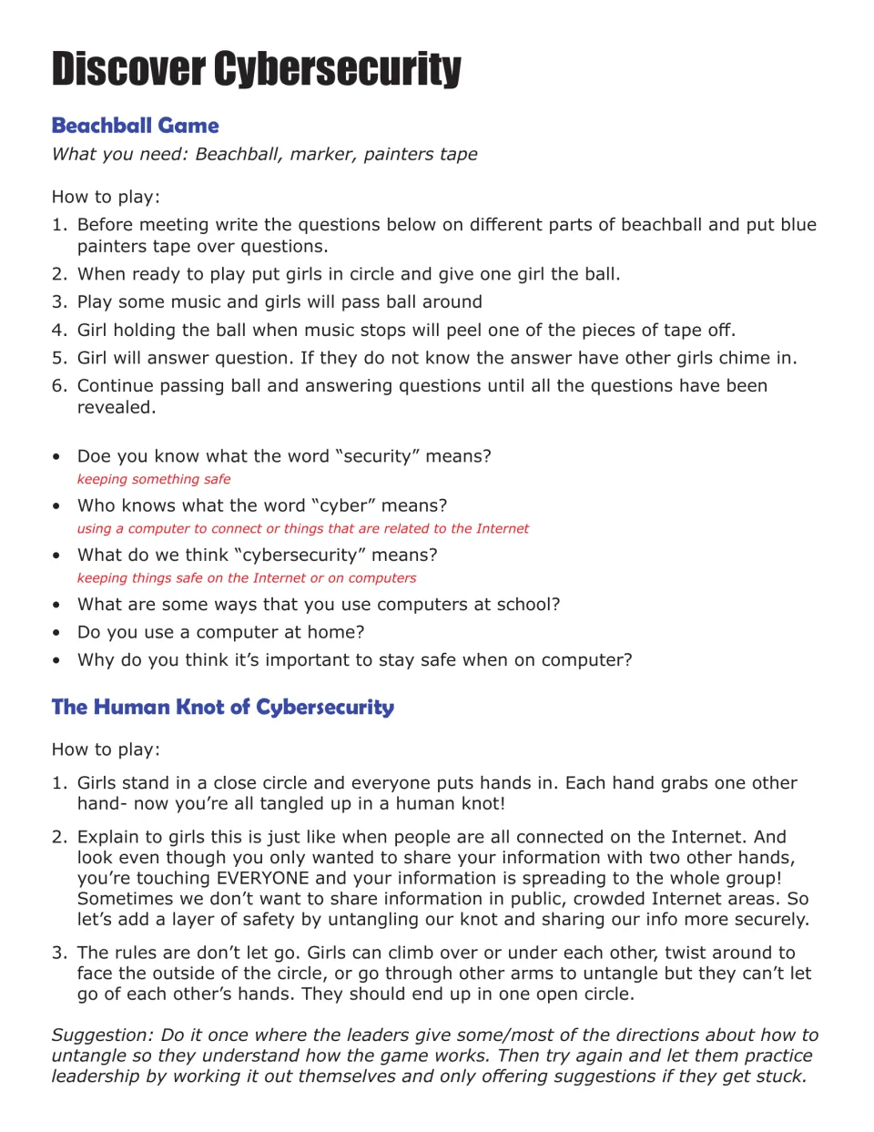 Discover Cybersecurity lesson: beachball questions about online safety and a human knot connection game