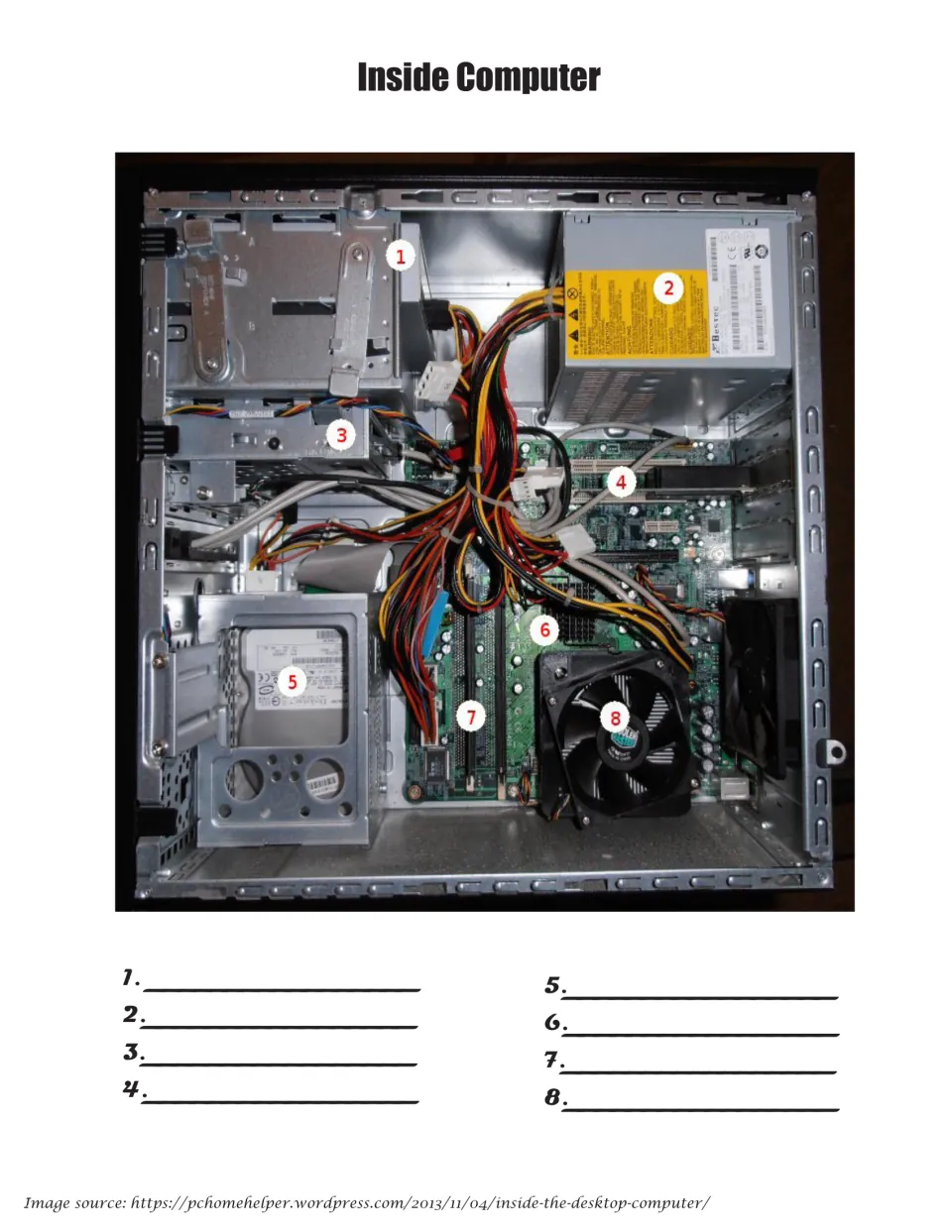 Inside Computer labeling activity uses a desktop interior photograph to identify eight numbered parts